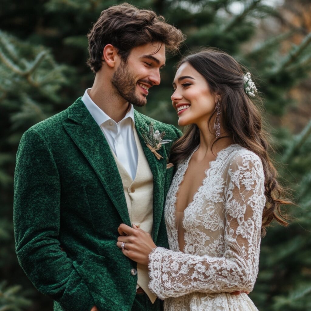 A couple in natural Christmas wedding guest attire, with the woman in a cream lace dress and the man in a forest green suit with cream accents.