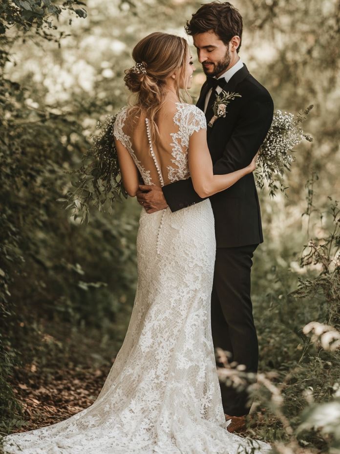 Romantic French-inspired lace wedding dress with intricate lace overlays and delicate satin fabrics, exuding classic Parisian elegance and timeless bridal style.