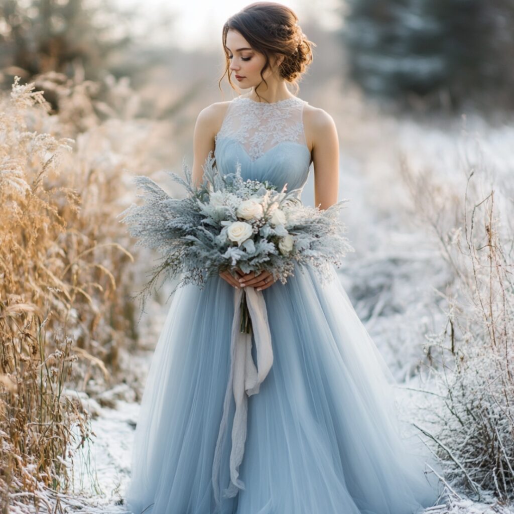 Frosted blue tulle bridesmaid dress with layers of soft fabric and an illusion neckline, evoking a dreamy winter landscape for a magical December wedding.