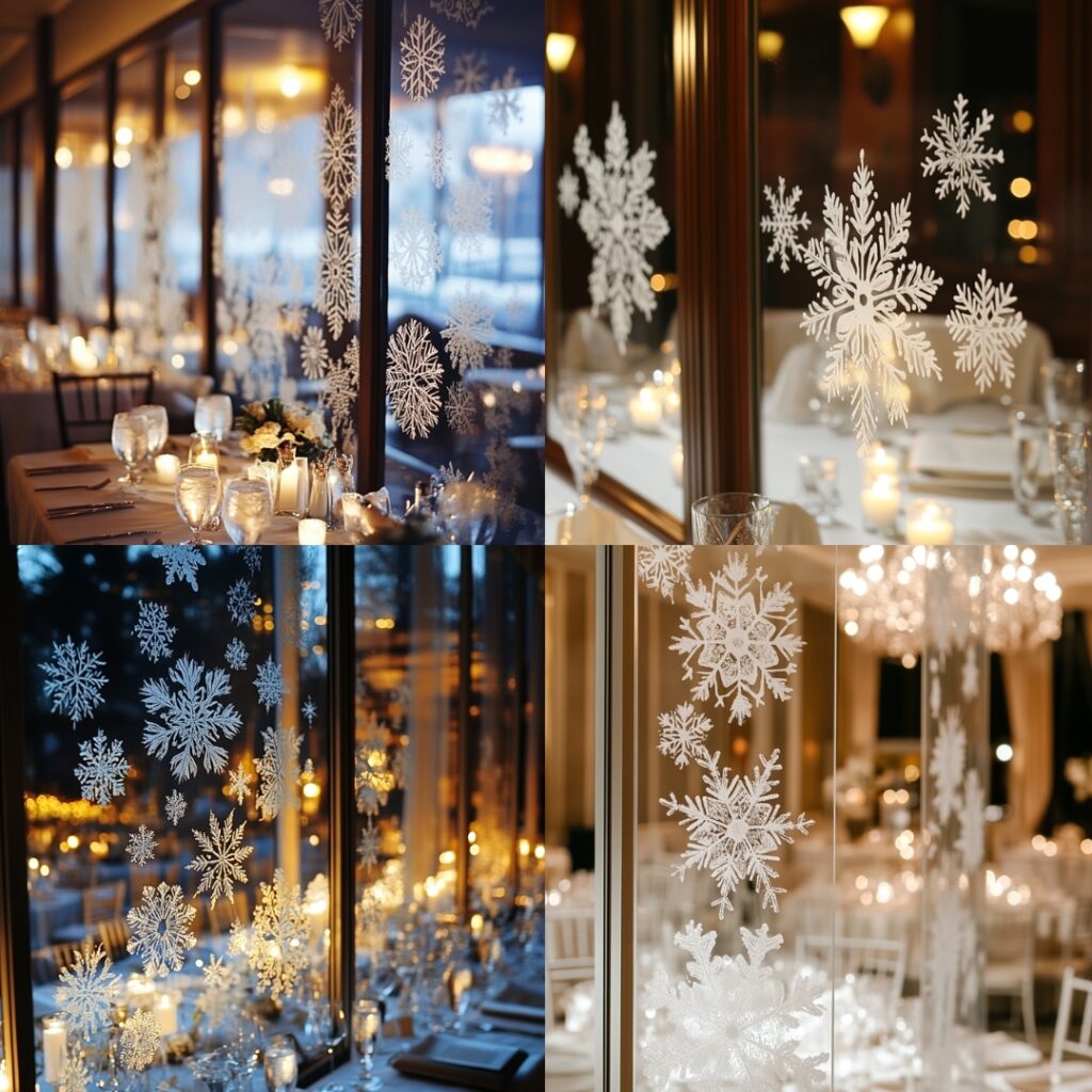 Frosted windows and mirrors with intricate snowflake patterns, adding a subtle wintery touch to the décor of a December wedding reception.