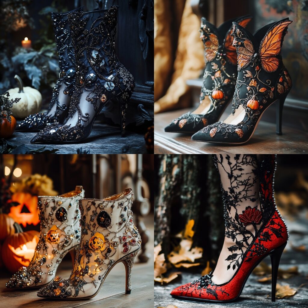 Chic Halloween-themed footwear, including embellished ankle boots and heels with subtle motifs, ideal for a stylish wedding celebration.