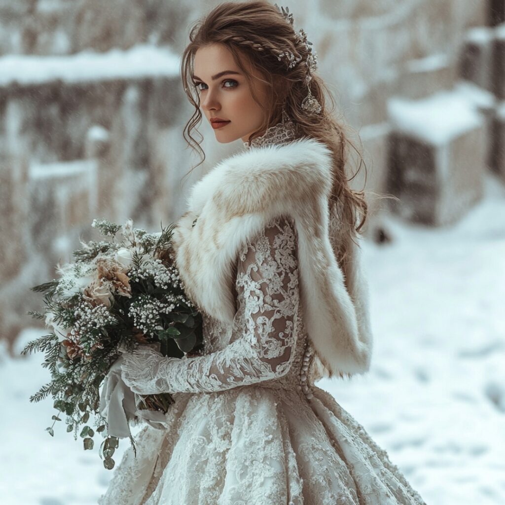 A cozy fur-trimmed winter wedding gown with fur accents around the neckline and cuffs, perfect for a Christmas wedding with a luxurious and warm touch.