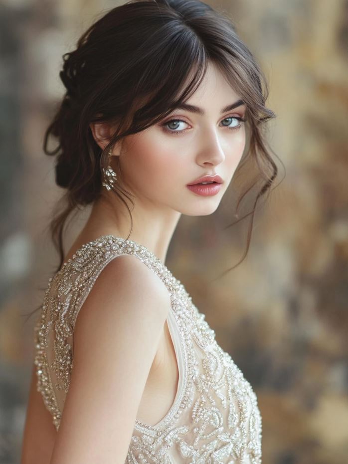 Glitzy Gatsby-inspired wedding dress adorned with sequins, beads, and intricate embroidery, perfect for a vintage glam wedding with a 1920s feel.
