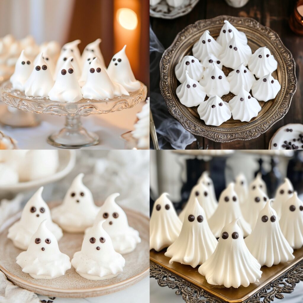 Light and airy ghostly meringue cookies piped into ghost shapes, decorated with chocolate chip eyes, providing an elegant and adorable addition to a Halloween wedding dessert table.