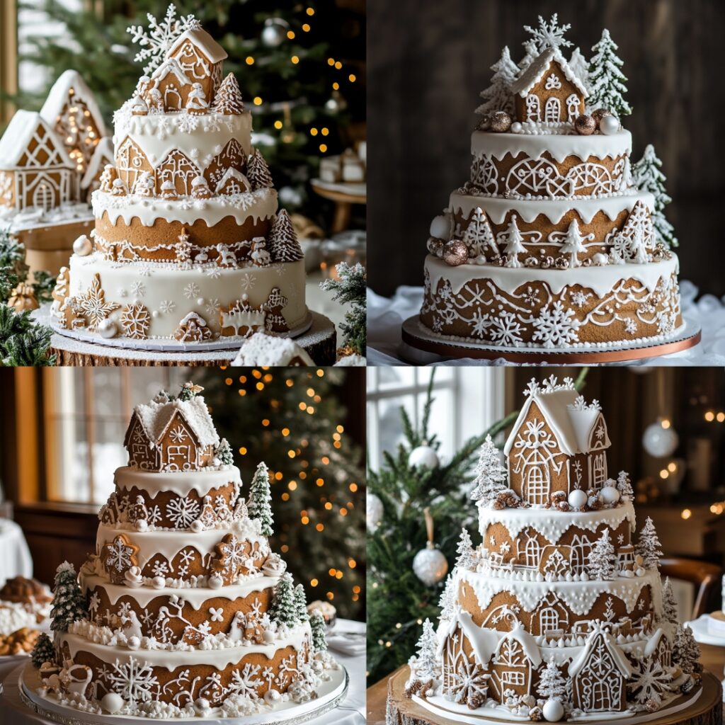 A festive Gingerbread Wedding Cake made with spiced gingerbread layers and cream cheese frosting, decorated to resemble a winter scene with fondant snowflakes and edible ornaments.
