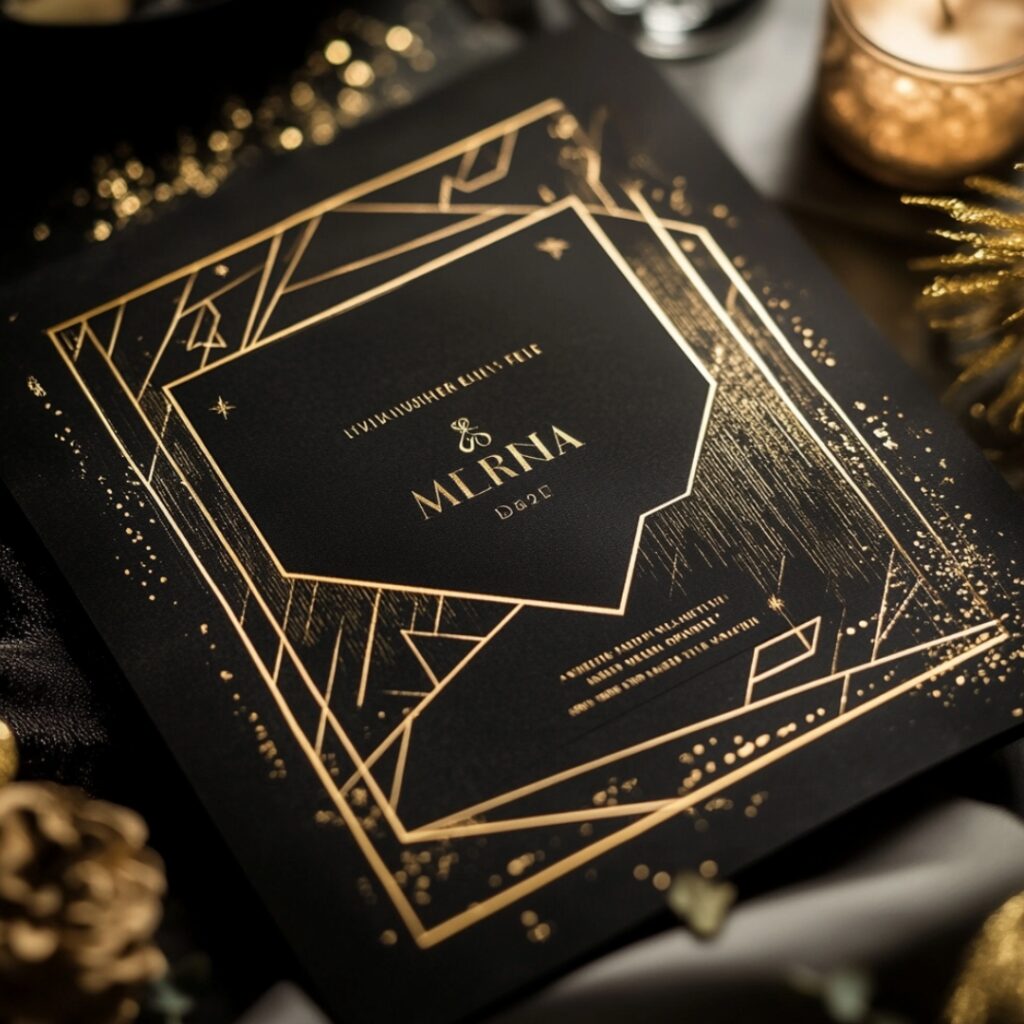 A glamorous black and gold wedding invitation with sleek geometric patterns and gold foil accents, creating a luxurious and modern winter wedding feel.