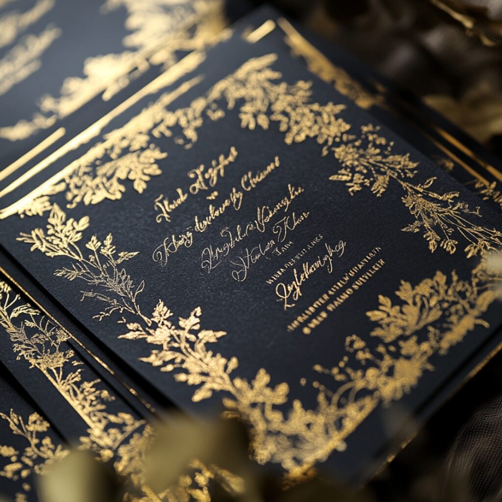 New Year's wedding invitation with gold foil accents on black or white background, featuring elegant bold fonts and a shimmering metallic finish for a luxurious look.