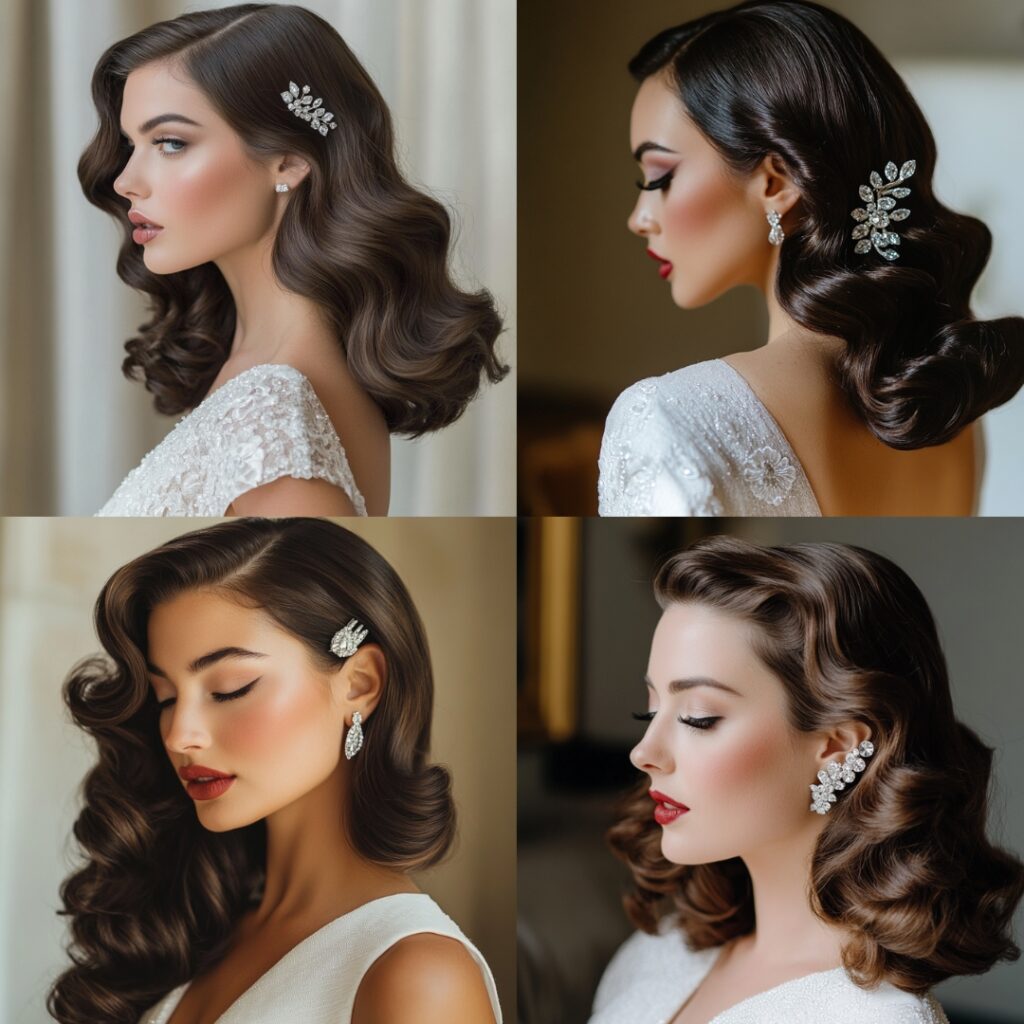 Bride with vintage-inspired Hollywood waves, styled with a deep side part and cascading curls, wearing a crystal hairpin, capturing elegant New Year's Eve glamour.