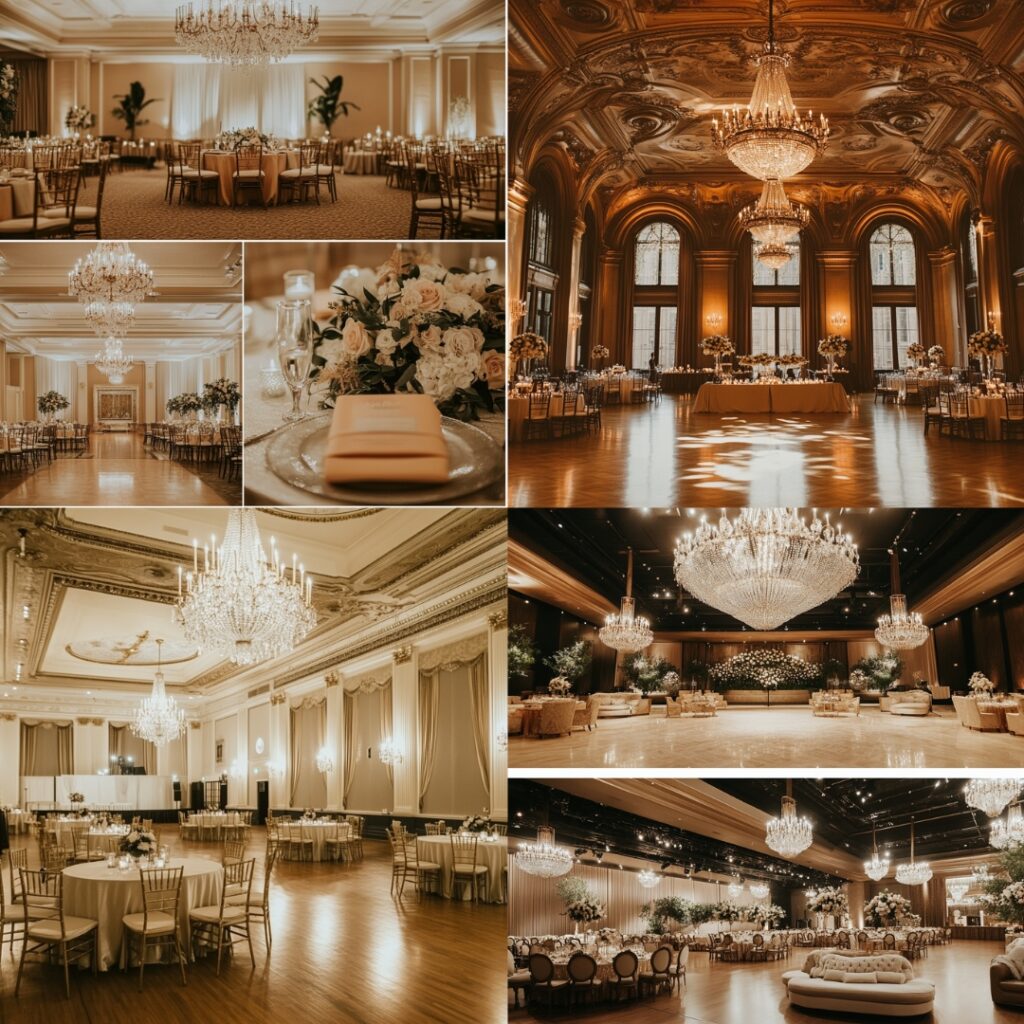 Luxurious hotel ballroom wedding venue with chandeliers, elegant seating, and space for dancing, perfect for a New Year's celebration with midnight champagne toasts.