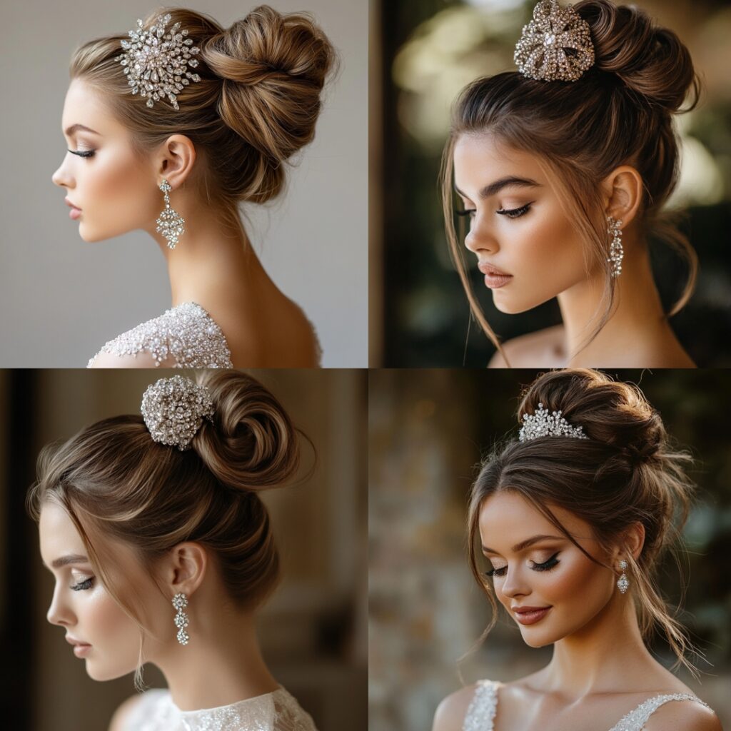 Bride with a glamorous top knot adorned by a bejeweled scrunchie, creating a sophisticated, fashion-forward hairstyle for a New Year’s Eve wedding.
