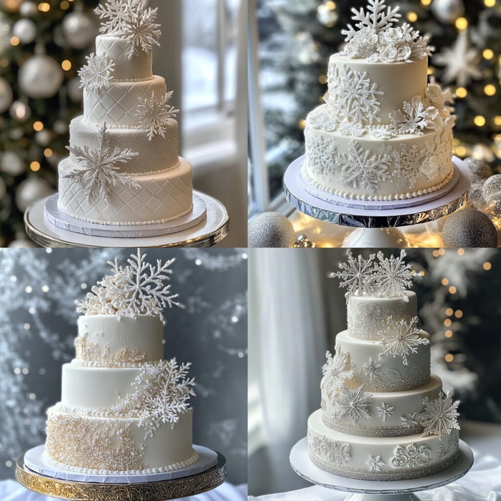 Winter-inspired wedding cake with white fondant, edible glitter, and snowflake decorations, creating a serene New Year’s winter wonderland look.