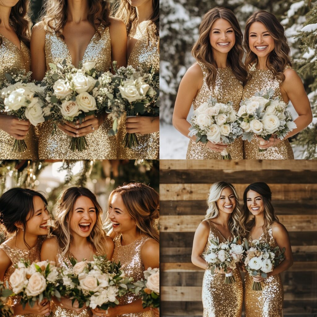 Gold sequin bridesmaid dress with shimmering fabric that captures the festive spirit, perfect for adding glamour to a holiday-themed winter wedding.