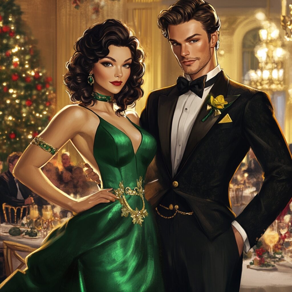 A glamorous couple attending a Christmas wedding, with the woman in an emerald green dress and the man in a black tuxedo with gold accents.