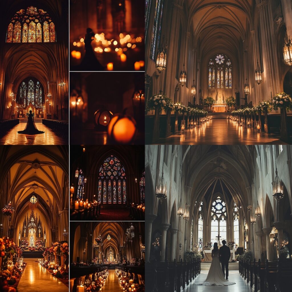 An enchanting gothic cathedral featuring soaring arches and stained glass windows, creating a dramatic and romantic setting for a Halloween wedding.