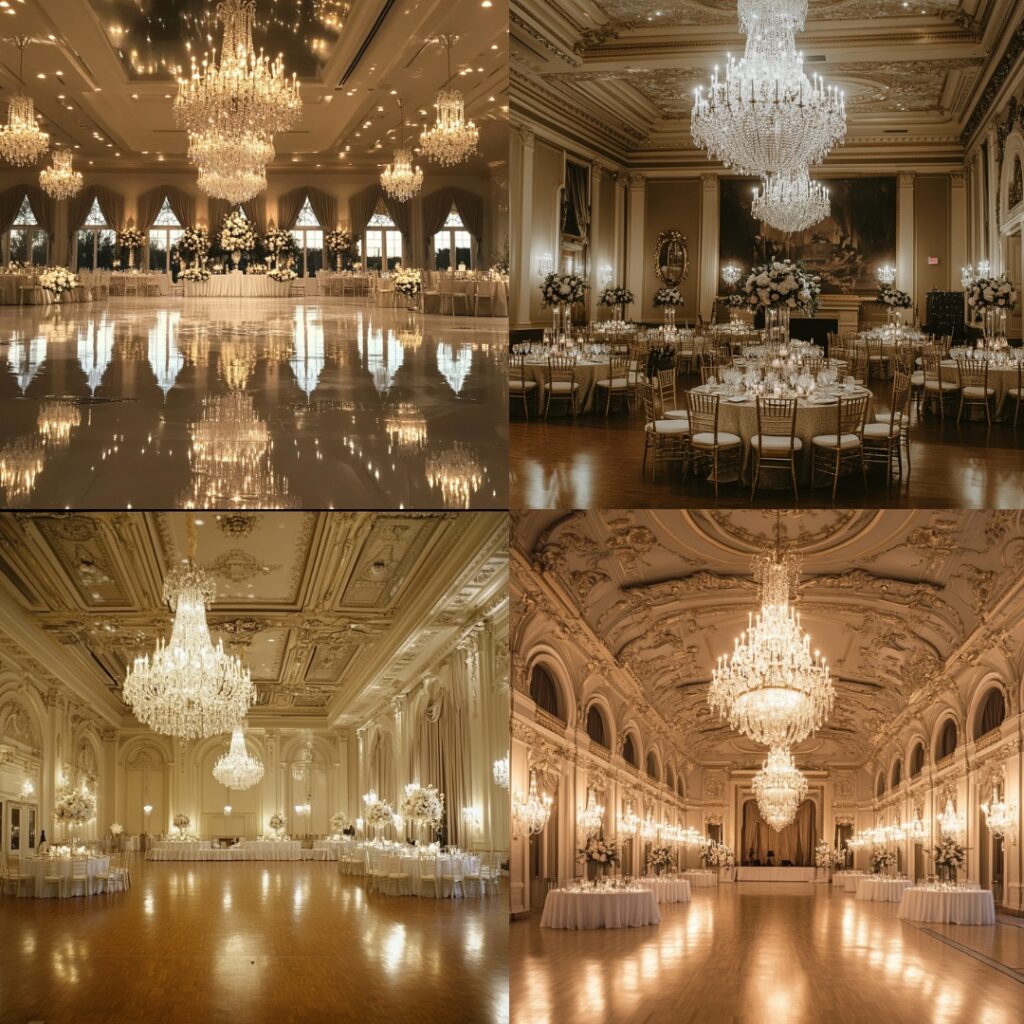 An elegant grand ballroom with crystal chandeliers and opulent décor, creating a luxurious setting for a December wedding.
