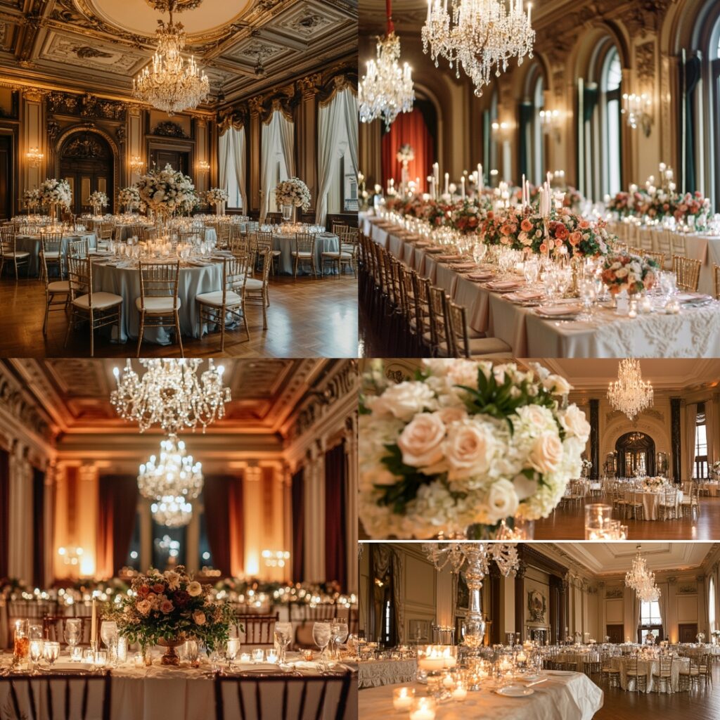 A lavish indoor reception in the grand ballroom of a historic mansion, featuring elegant tables with rich fabrics, floral centerpieces, and sparkling candles under ornate chandeliers.