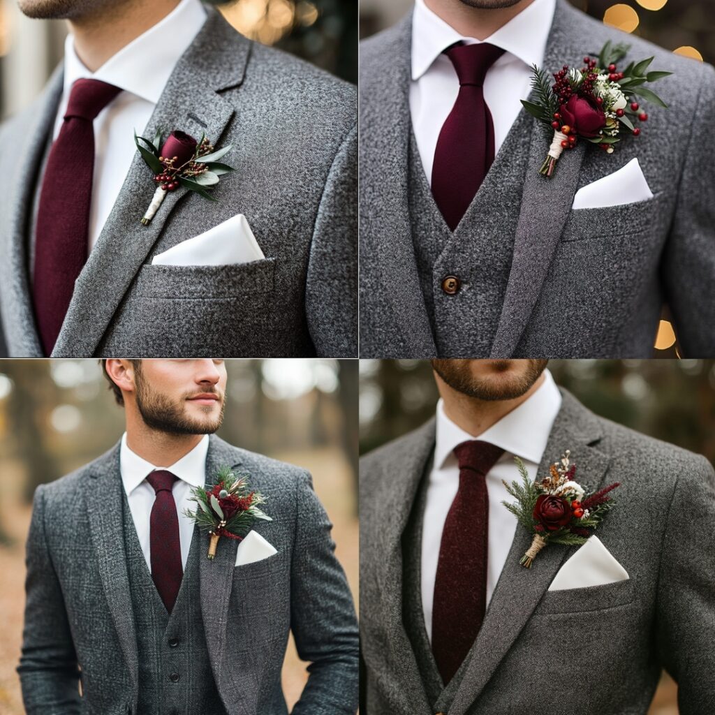 Groomsman wearing a gray wool suit paired with a burgundy tie and white pocket square, creating a warm and refined look for a Christmas wedding.