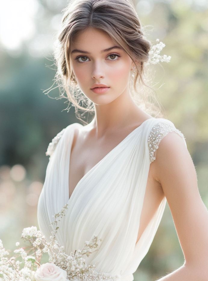 Flowing Grecian-style wedding gown featuring soft draping, an empire waist, and delicate embellishments, creating an ethereal, romantic bridal look for outdoor ceremonies.