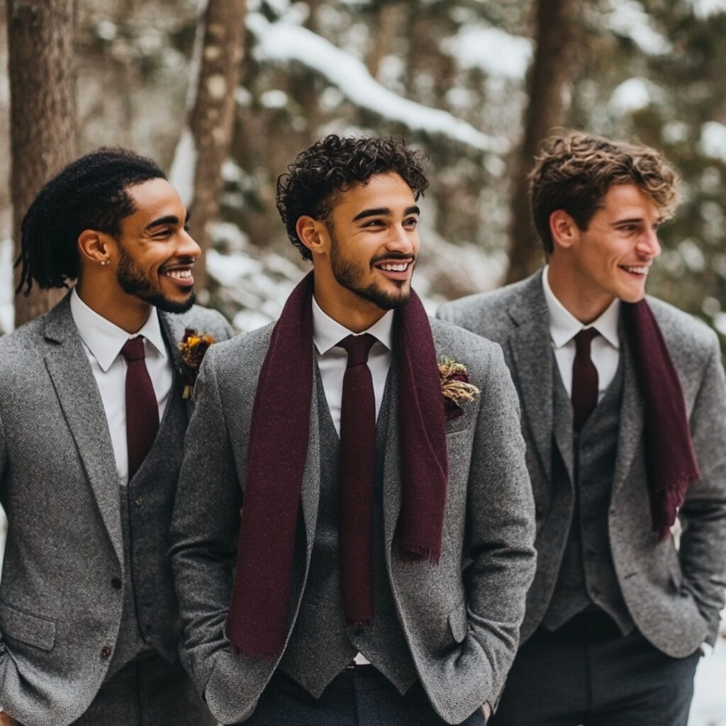 Groomsmen styled in grey wool suits, accessorized with cashmere scarves in winter shades like navy and maroon, blending comfort and elegance for an outdoor winter wedding.