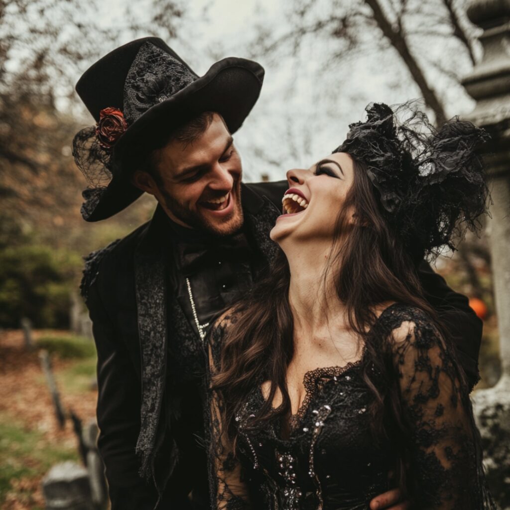 Engaged couple dressed in creative Halloween costumes, laughing and posing in a spooky graveyard setting, showcasing their playful spirit and unique personalities.