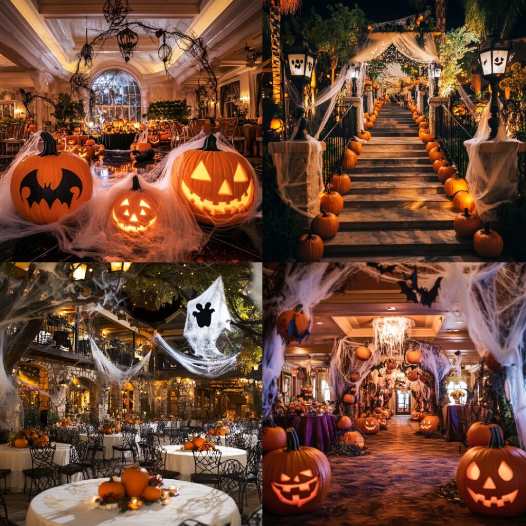 A lively Halloween-themed resort decorated with pumpkins, ghosts, and cobwebs, providing a fun and festive atmosphere for a memorable wedding celebration.