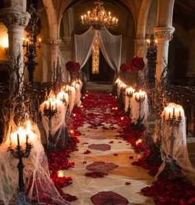 A beautifully decorated Halloween wedding aisle featuring spider web runners, vintage candelabras, and blood-red rose petals, creating an enchanting atmosphere.