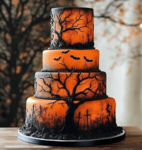 A beautifully designed collection of Halloween-themed wedding cakes showcasing various styles, perfect for couples celebrating love with creativity and fun.