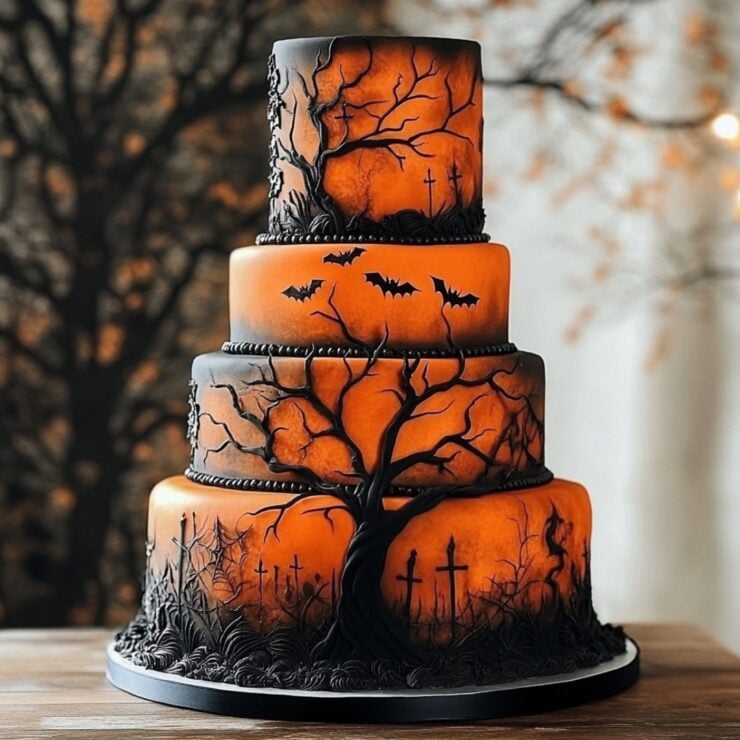 A beautifully designed collection of Halloween-themed wedding cakes showcasing various styles, perfect for couples celebrating love with creativity and fun.