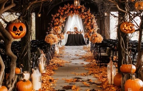 Various Halloween wedding themes, showcasing unique decorations, attire, and heartfelt rituals, reflecting the magic and joy of the season.
