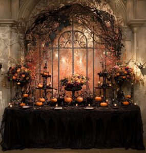 Decorative display showcasing Halloween wedding ideas, emphasizing spooky yet elegant elements that create a hauntingly beautiful atmosphere for a memorable celebration.