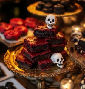 A delightful spread of Halloween-themed desserts featuring blood red velvet brownies and whimsical skeleton cookies, perfect for creating a magical atmosphere at your wedding.