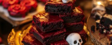 A delightful spread of Halloween-themed desserts featuring blood red velvet brownies and whimsical skeleton cookies, perfect for creating a magical atmosphere at your wedding.
