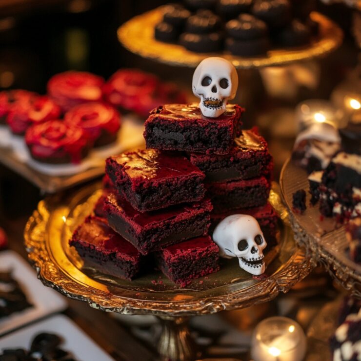A delightful spread of Halloween-themed desserts featuring blood red velvet brownies and whimsical skeleton cookies, perfect for creating a magical atmosphere at your wedding.