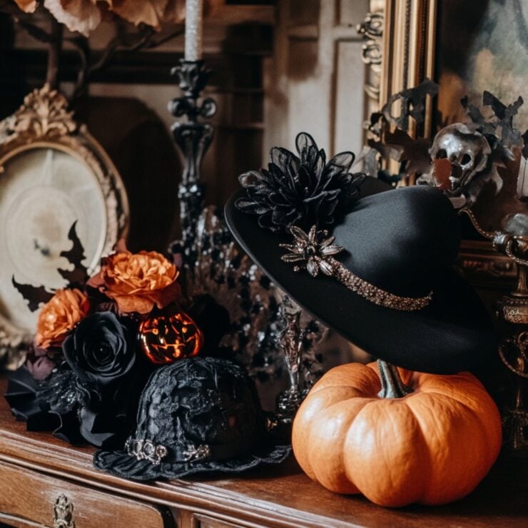 A stylish arrangement of Halloween wedding accessories, illustrating how to blend elegance with festive spirit for wedding guest outfits.