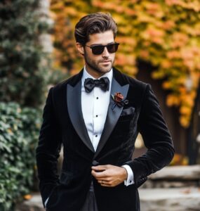 Stylish Halloween wedding guest attire options for men, showcasing various looks that balance elegance with festive flair.