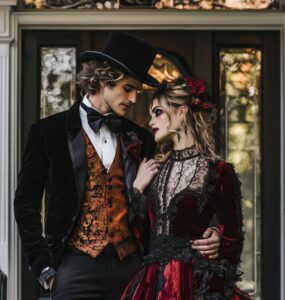 Couple celebrating love at a Halloween wedding, showcasing creative and stylish attire that blends gothic elegance and playful character elements in a festive atmosphere.