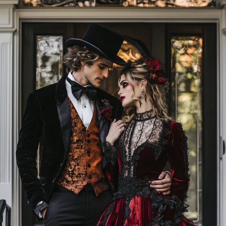 Couple celebrating love at a Halloween wedding, showcasing creative and stylish attire that blends gothic elegance and playful character elements in a festive atmosphere.