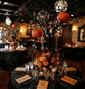 A whimsical Halloween wedding reception showcasing spooky centerpieces, engaging guest activities, and personalized decor that creates lasting memories of love and fun.