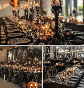 A summary image showcasing various Halloween-themed table settings that enhance the ambiance of a wedding, reflecting creativity and personality while creating a memorable dining experience for guests.