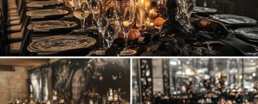 A summary image showcasing various Halloween-themed table settings that enhance the ambiance of a wedding, reflecting creativity and personality while creating a memorable dining experience for guests.
