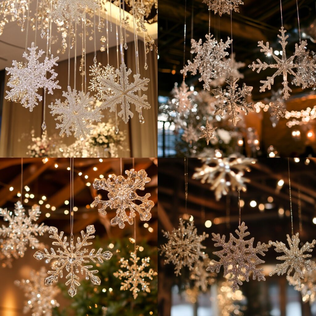 Elegant hanging snowflakes made of glittering metal and glass, suspended from the ceiling, adding a whimsical, wintry touch to a December wedding venue.