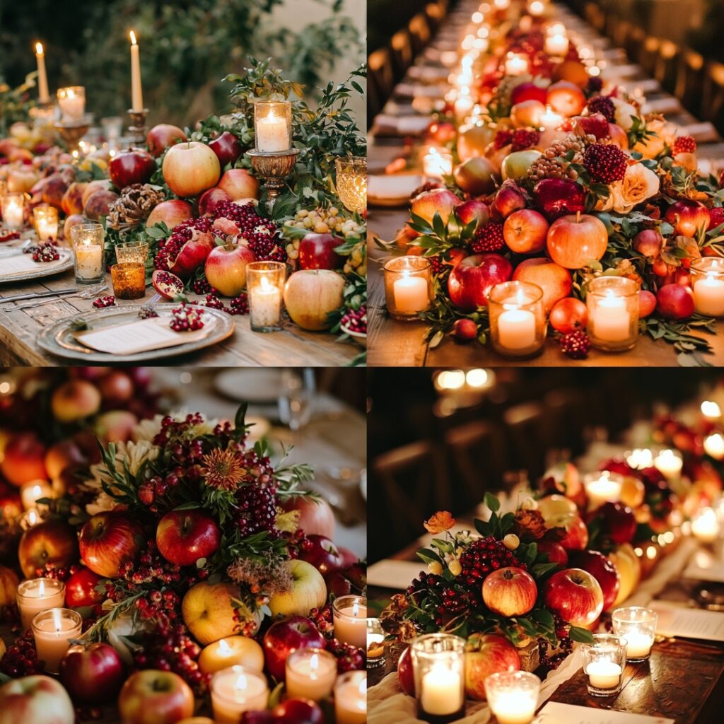 A stunning harvest centerpiece for a Thanksgiving wedding table showcasing a mix of seasonal fruits like apples and pomegranates, surrounded by small candles for a warm glow.