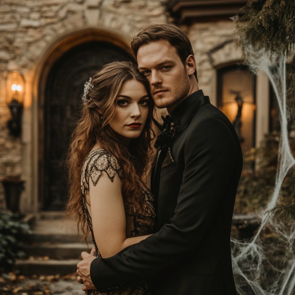 Engaged couple posing in front of a vintage mansion, dressed in classic horror-themed costumes, surrounded by spooky props like cobwebs and candles.