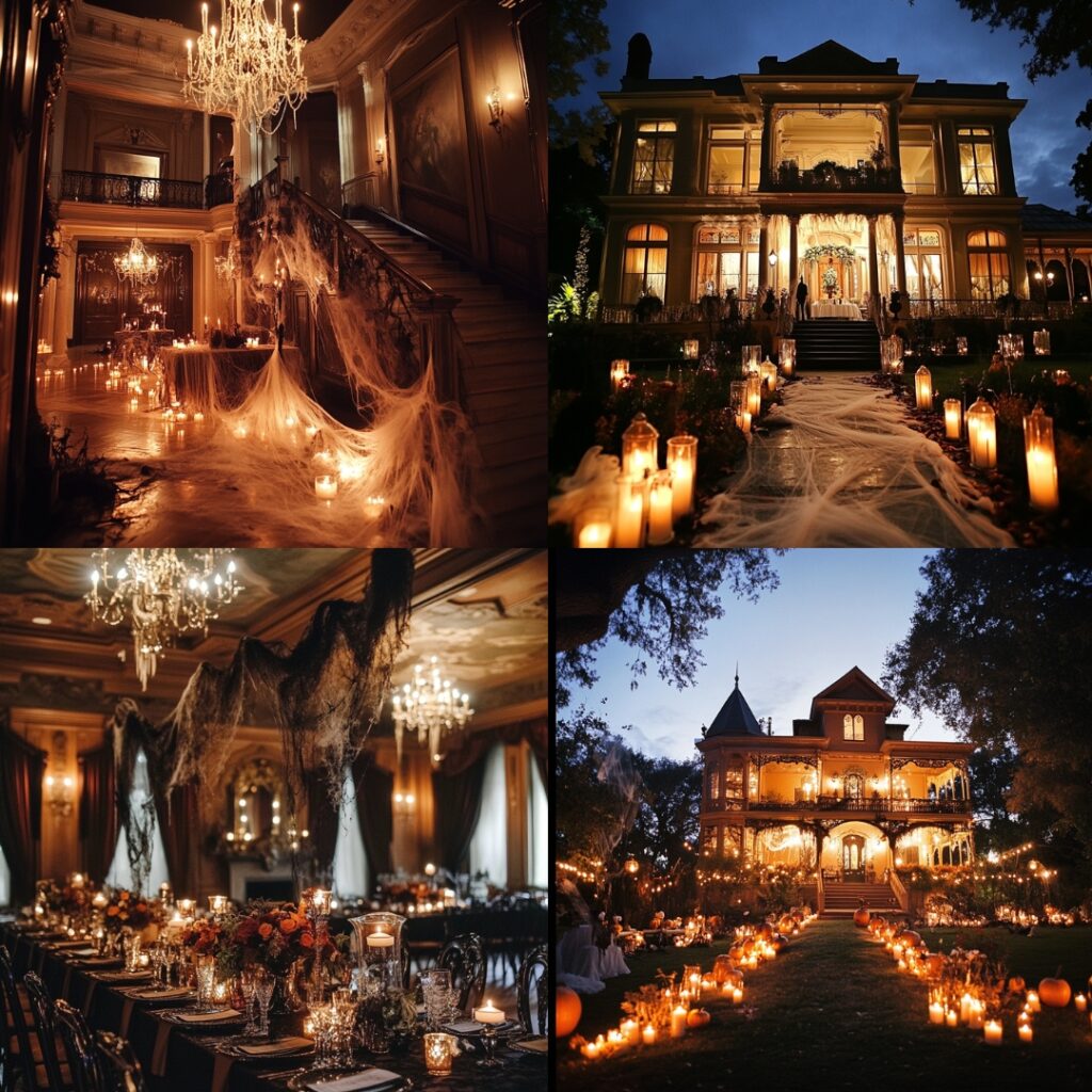 An elegant haunted mansion adorned with cobwebs and flickering candlelight, providing a romantic atmosphere for a Halloween wedding.