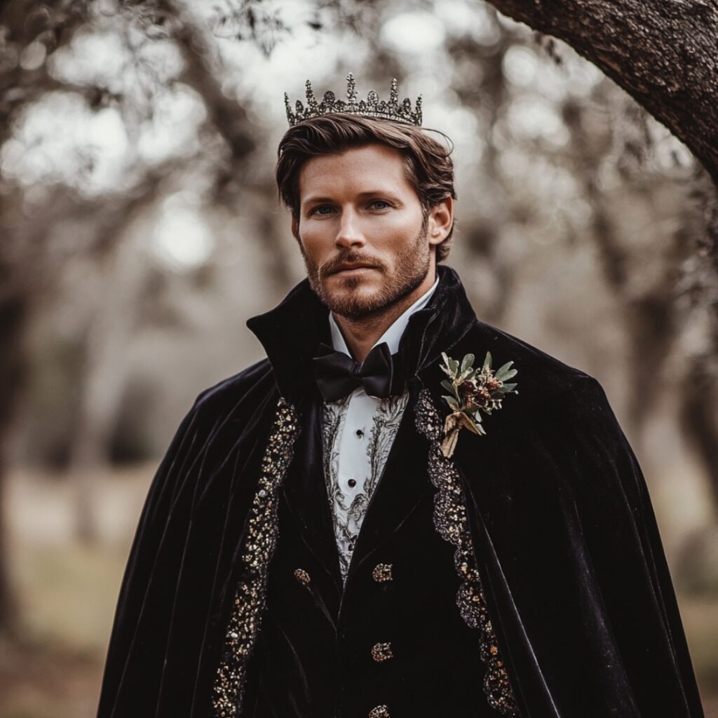 A groom in a regal black velvet suit with a cape and crown, evoking a haunted prince look with fairytale elegance for a sophisticated Halloween wedding.