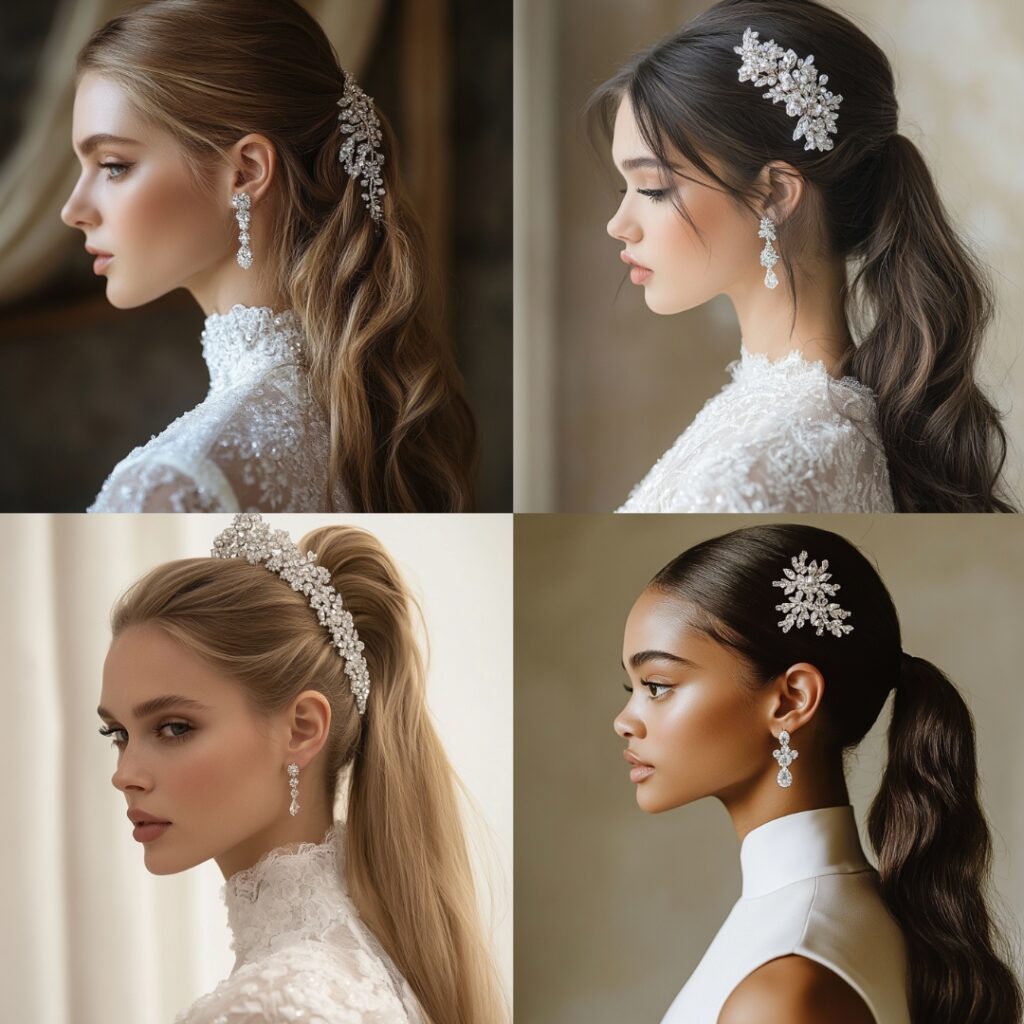 Bride with a high textured ponytail, featuring volume and polished waves with a crystal hair cuff, adding modern glamour for New Year’s festivities.
