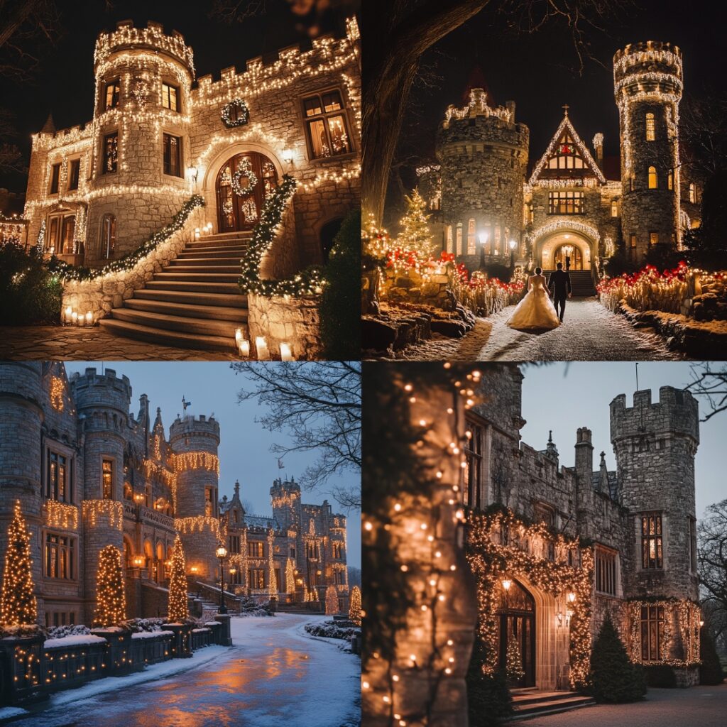 A majestic historic castle decorated with holiday lights and candlelight, offering a fairytale-like December wedding venue.