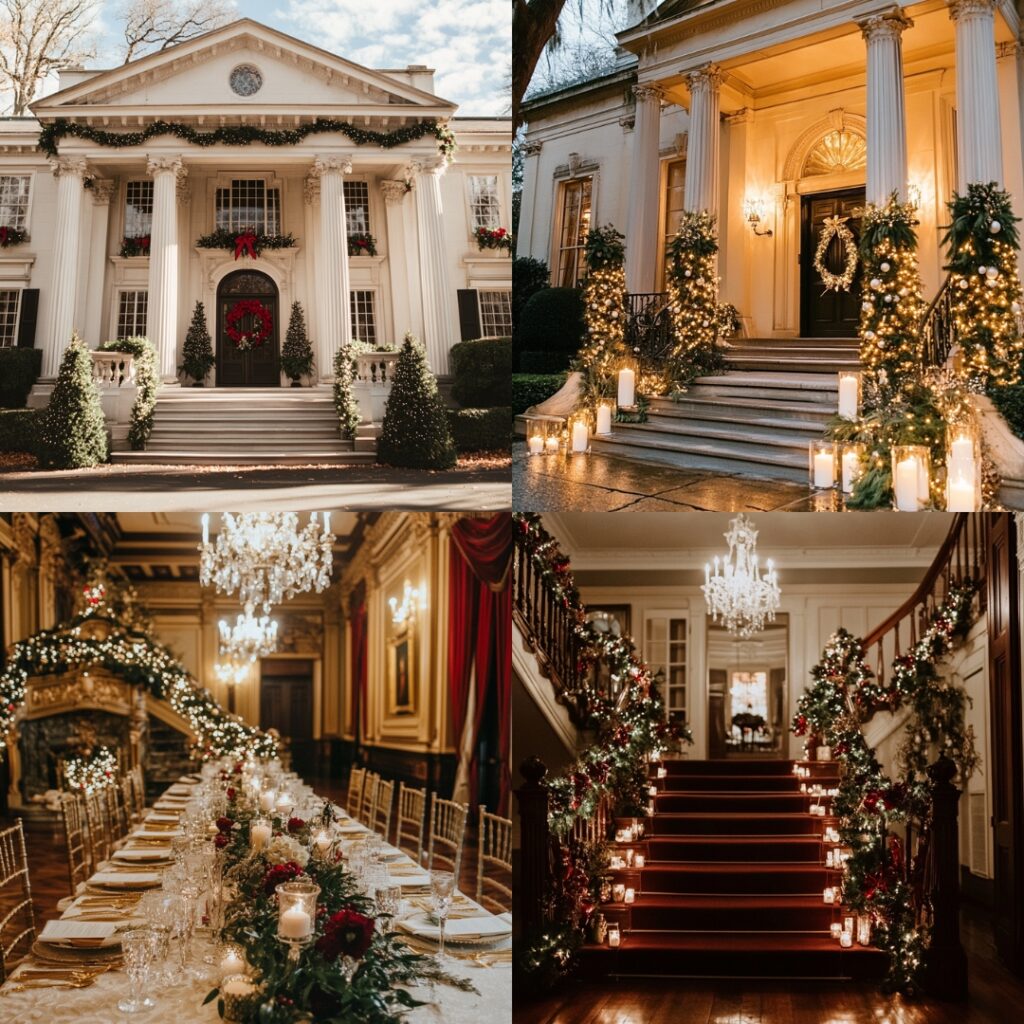 A grand historic estate mansion adorned with luxurious holiday decor, offering timeless elegance and the perfect backdrop for a sophisticated Christmas wedding.