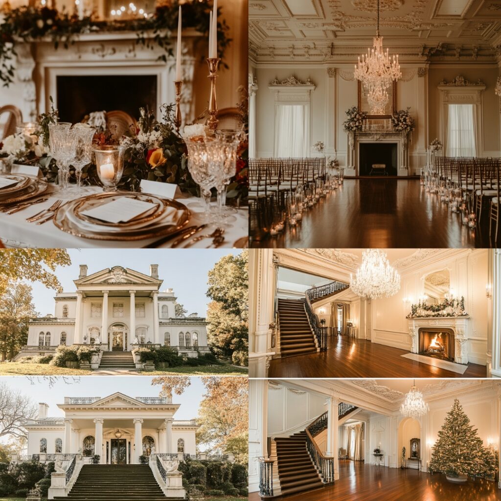 Historic mansion wedding venue featuring vintage architecture, grand ballrooms, and cozy fireplaces, ideal for a New Year's wedding with an old-world charm.