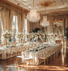 A beautifully arranged historic mansion wedding scene, capturing the timeless elegance and personalized touches that create a memorable experience for the couple and their guests.